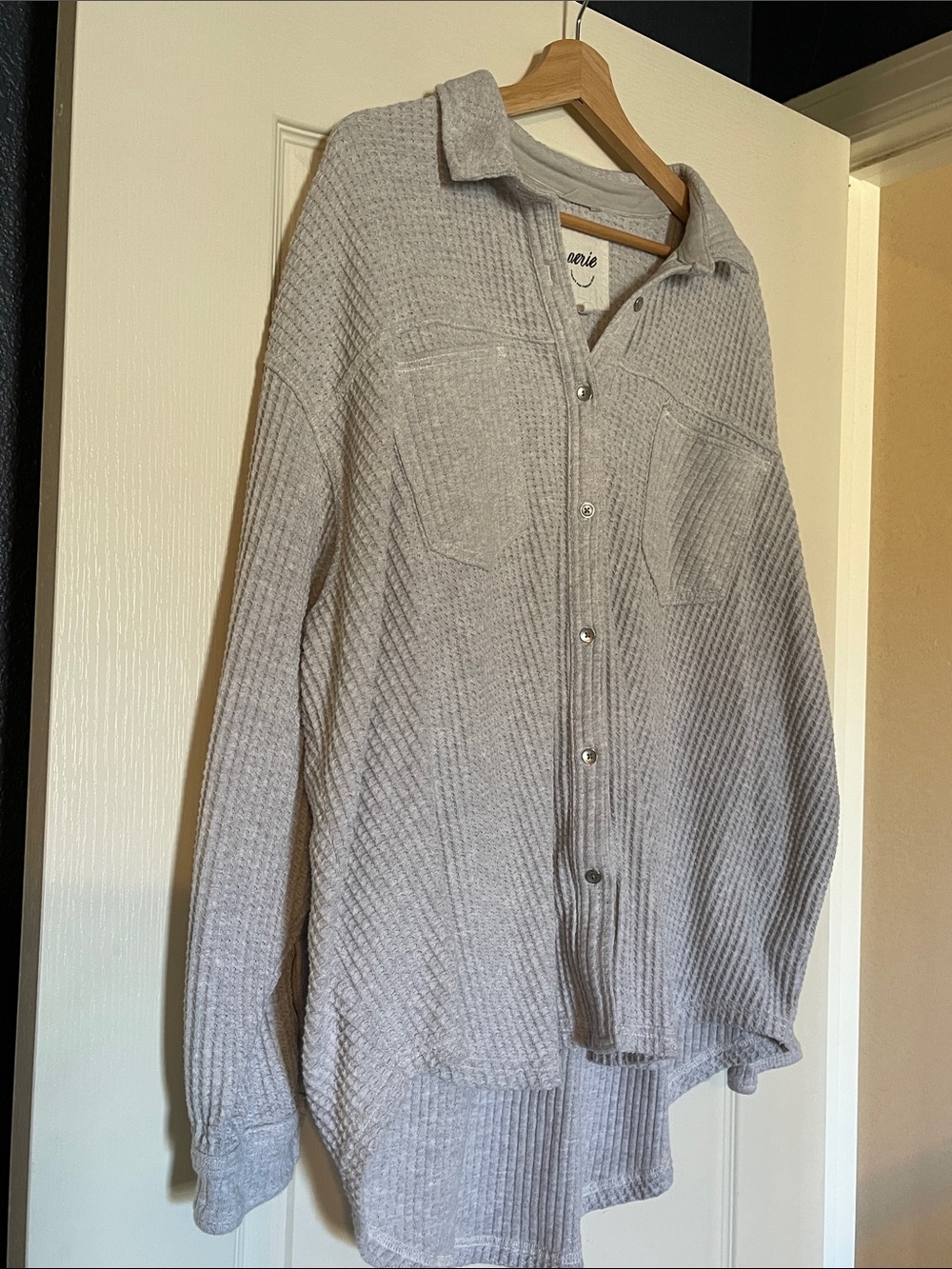 aerie Light Gray Button-Down Waffle Knit Shirt